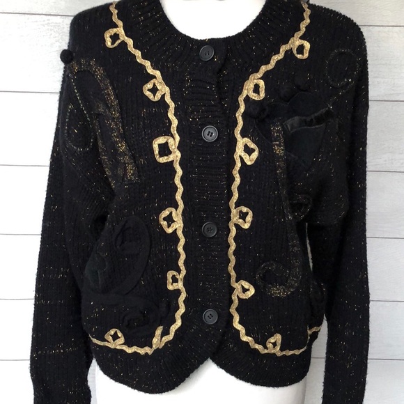 One Step Up cardigan sweater Black Metallic knit Med Vtg RicRack Suede Satin EUC - Picture 1 of 6